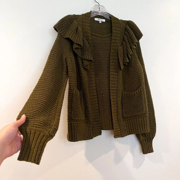 Madewell 100% Cotton Olive Green Ruffled Bohemian Open Knit Cardigan Sweater XXS - Picture 3 of 8
